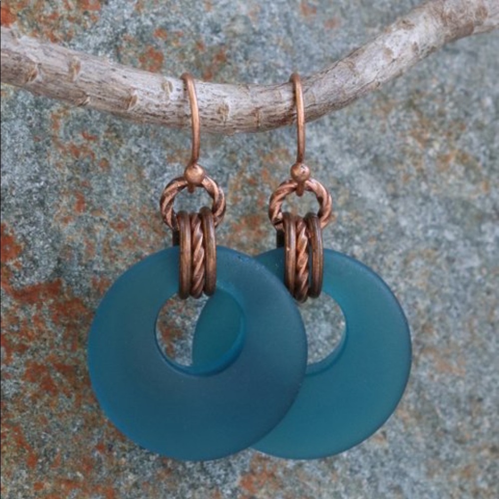 🦋Teal Sea Glass & Coppertone Hoop Earrings New!